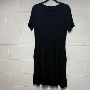 Huukeay Chic Black A-Line Midi Dress V-Neck Pockets Large
